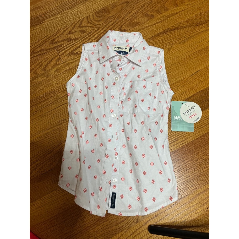 Magellan Girls Sleeveless Button Down Shirt Outdoor Happy Camper Print Size XS
